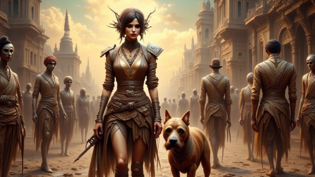 Wanderer Meets Figures in Deserted City Portrait