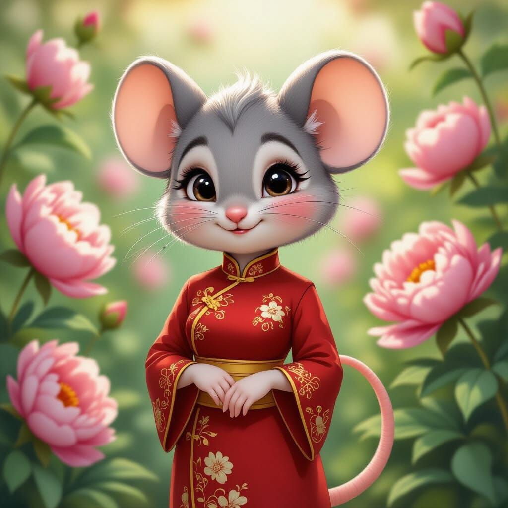 Shy Mouse-Woman in Peony Garden, FLUX Style