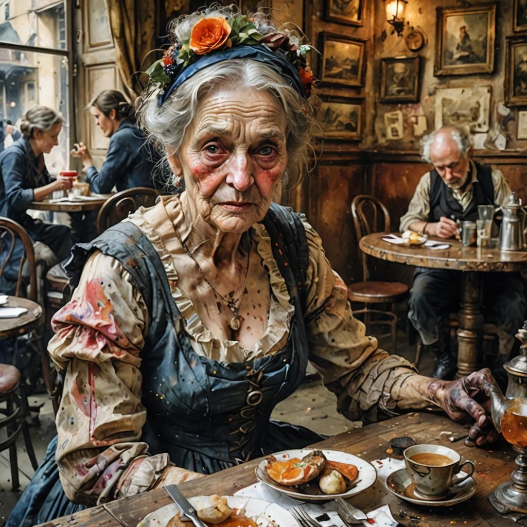 Weathered Woman at Cafe de Paris: Watercolor Painting