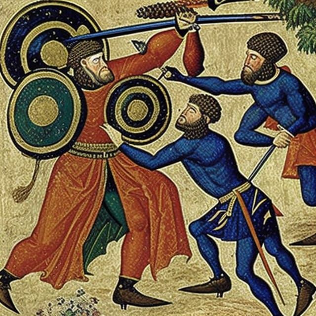 Knight Battles Ape-Men: Medieval Painting