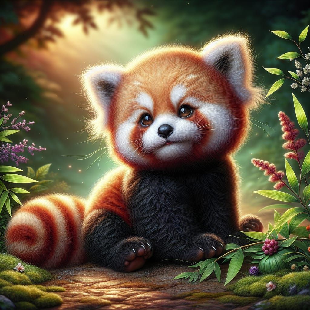 Cute Baby Red Panda in Enchanted Forest