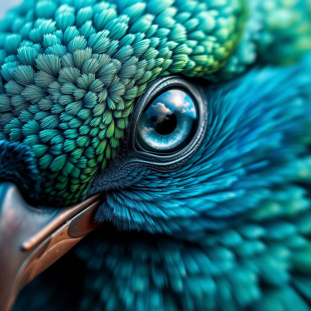 Iridescent Bird Portrait Reflecting Sky