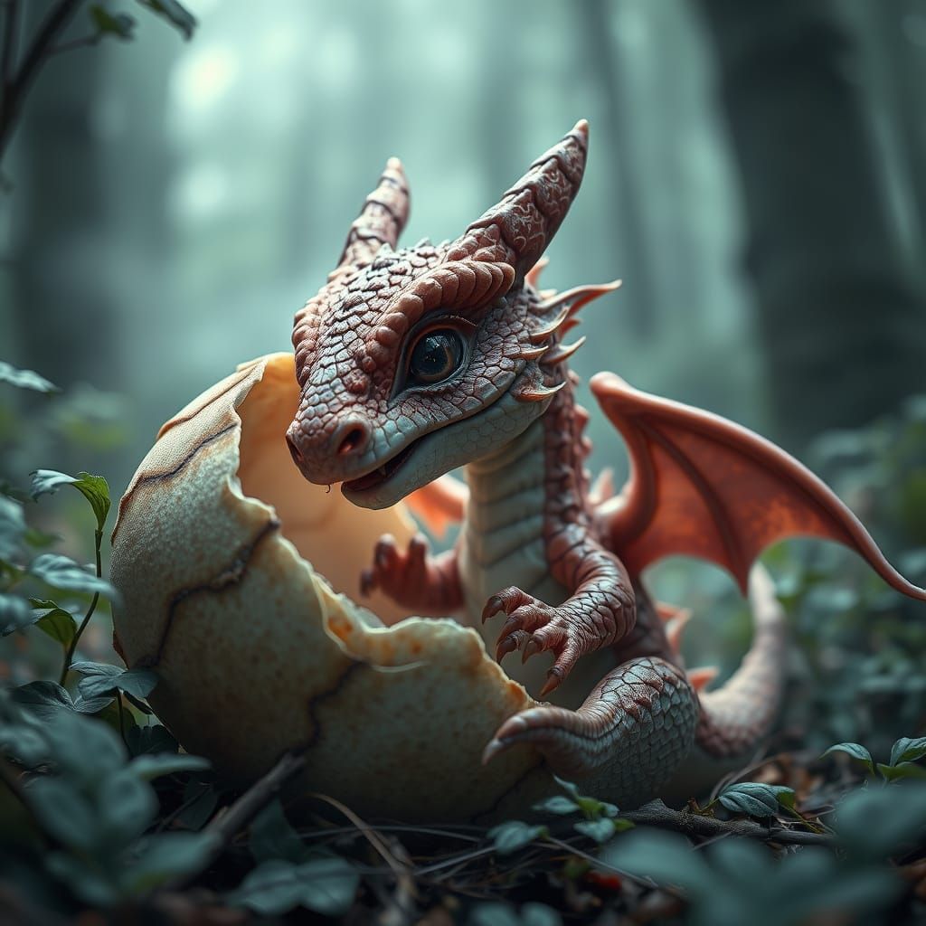 Cute Baby Dragon in Hyperrealistic Forest Landscape