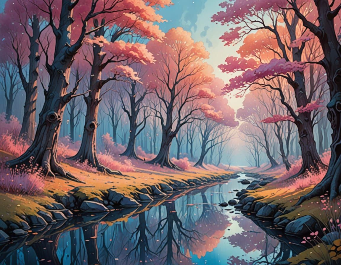 Dreamy Watercolor Fantasy Landscape with Mystical Forest and...