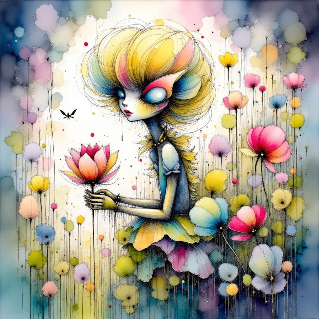 Ethereal Forest Fae in Alcohol Ink and Watercolor Style