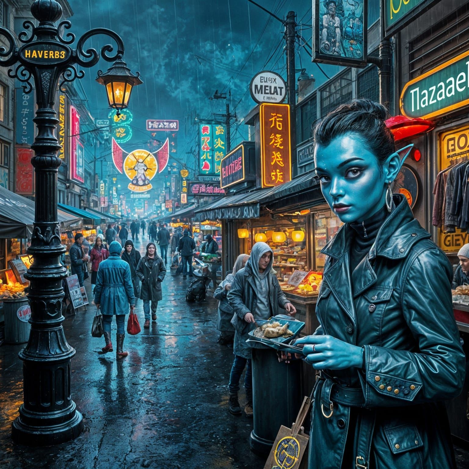 Cyberpunk Night Market in a Futuristic Favela
