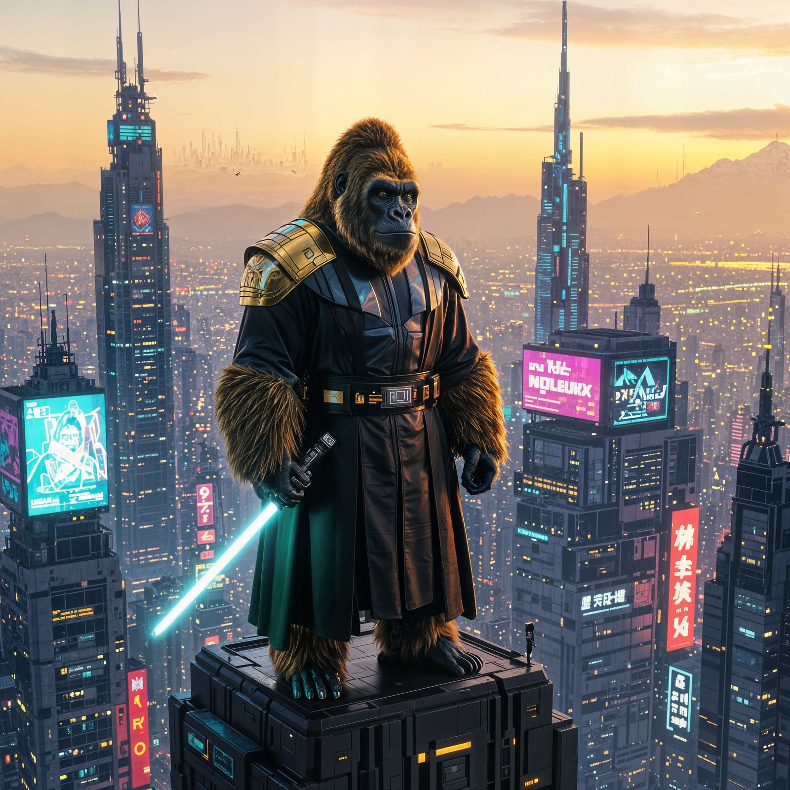 Golden Gorilla Jedi Over Cyberpunk City