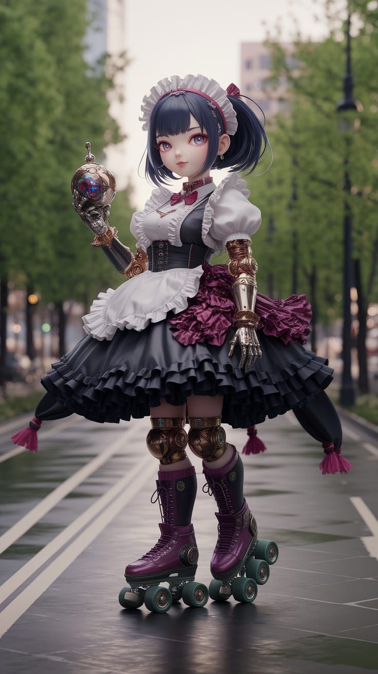 Cyberpunk Gothic Maid Cyborg Girl on Roller Skates