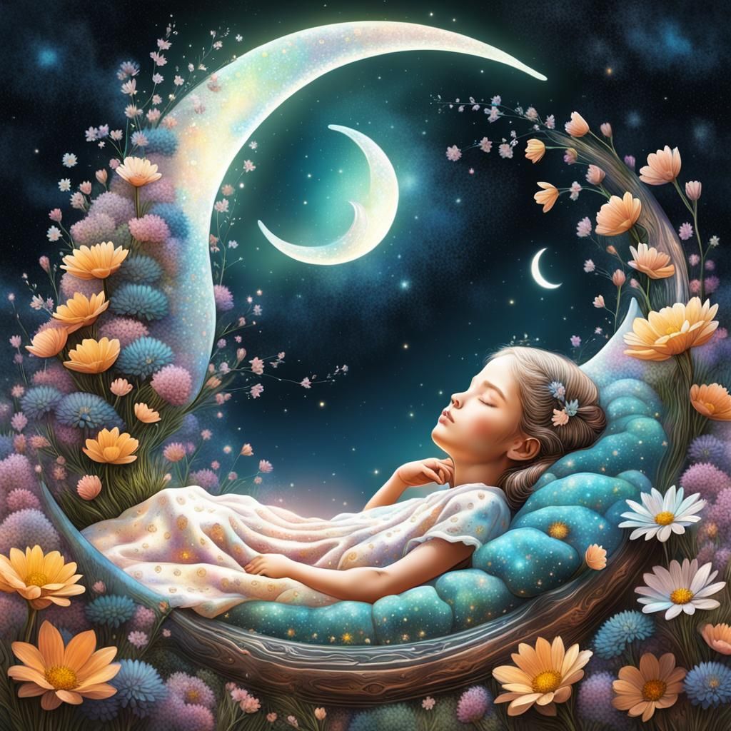 A Little Girl Slumbers on a Vibrant Crescent Moon in a Whims...