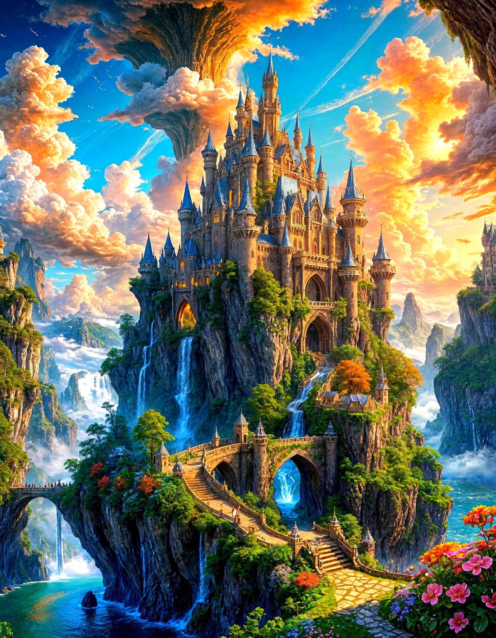 Majestic Castle on Floating Island Above Cloud Sea