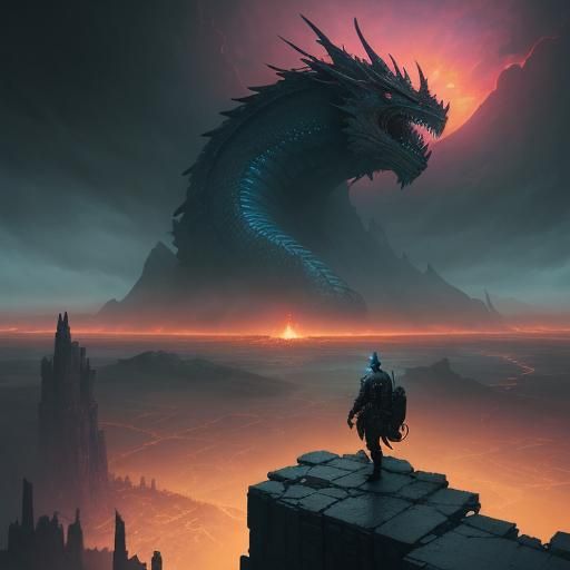 Godly Warrior Overlooks Dragon City at Sunset