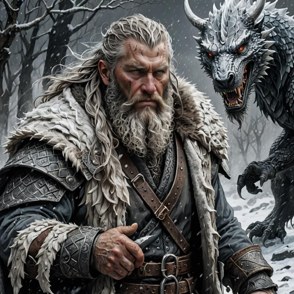 Viking and Dragon in Snowstorm: Fantasy Concept Art