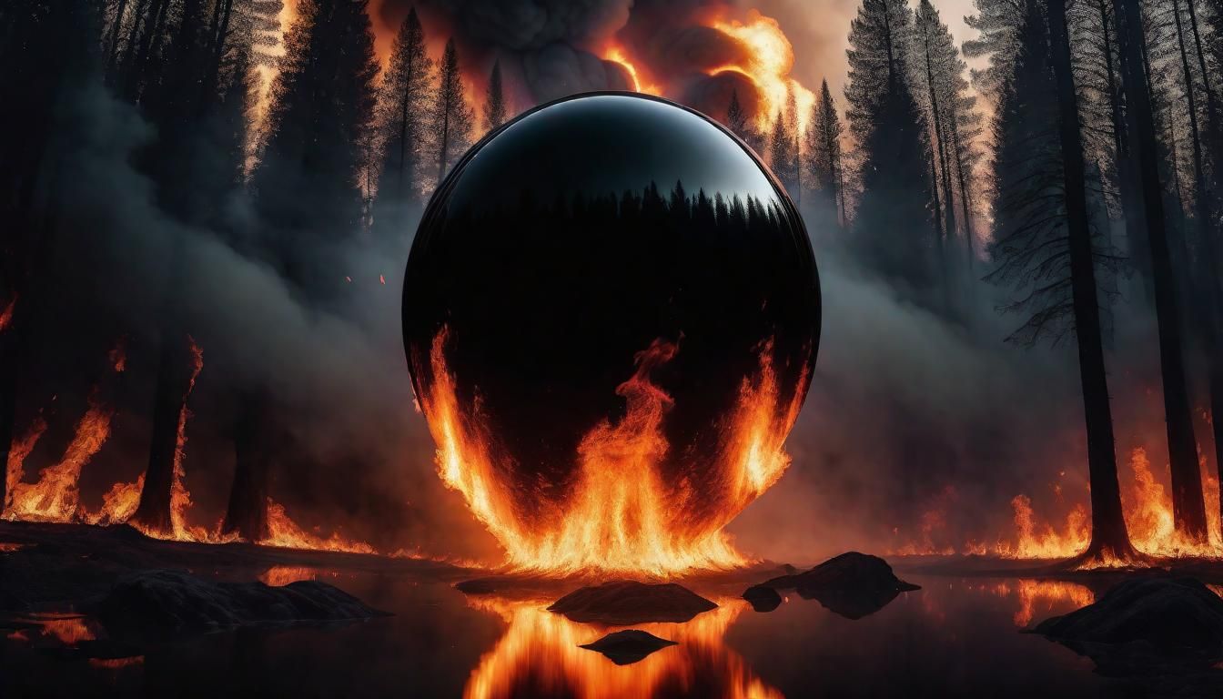 Ominous Obsidian Orb Above Forest Fire