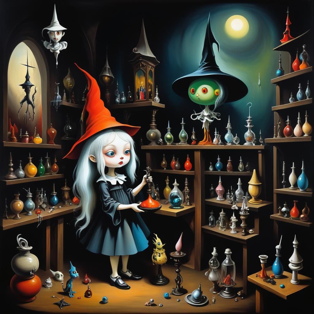 Chibi Witch in Magic Shop: Surrealist Oil Painting