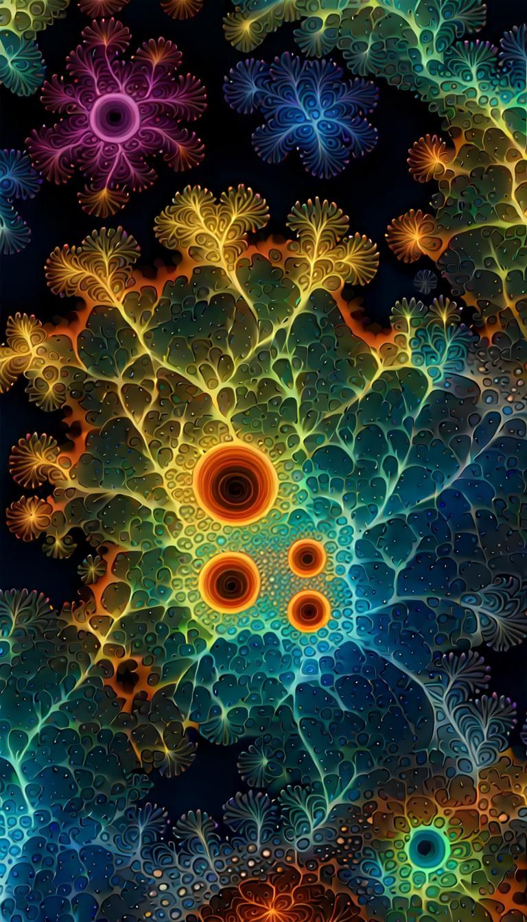 Prebiotic to Biotic Transition: Neon Fractal Illustration