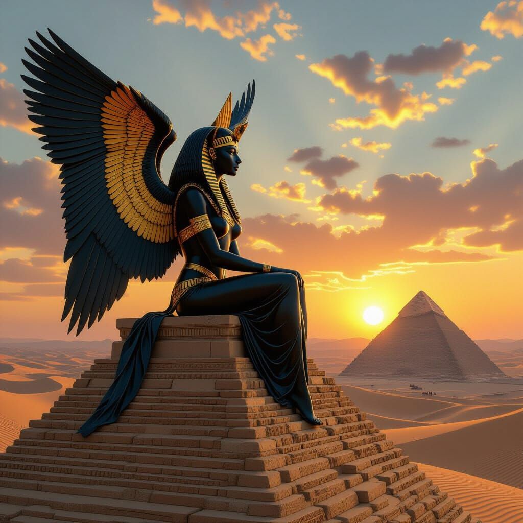 Golden-Winged Sphinx on Sahara Pyramid: Hyperrealistic Art