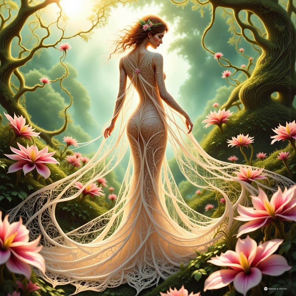 Ethereal Fantasy Queen Amidst Lush Celadon Greens