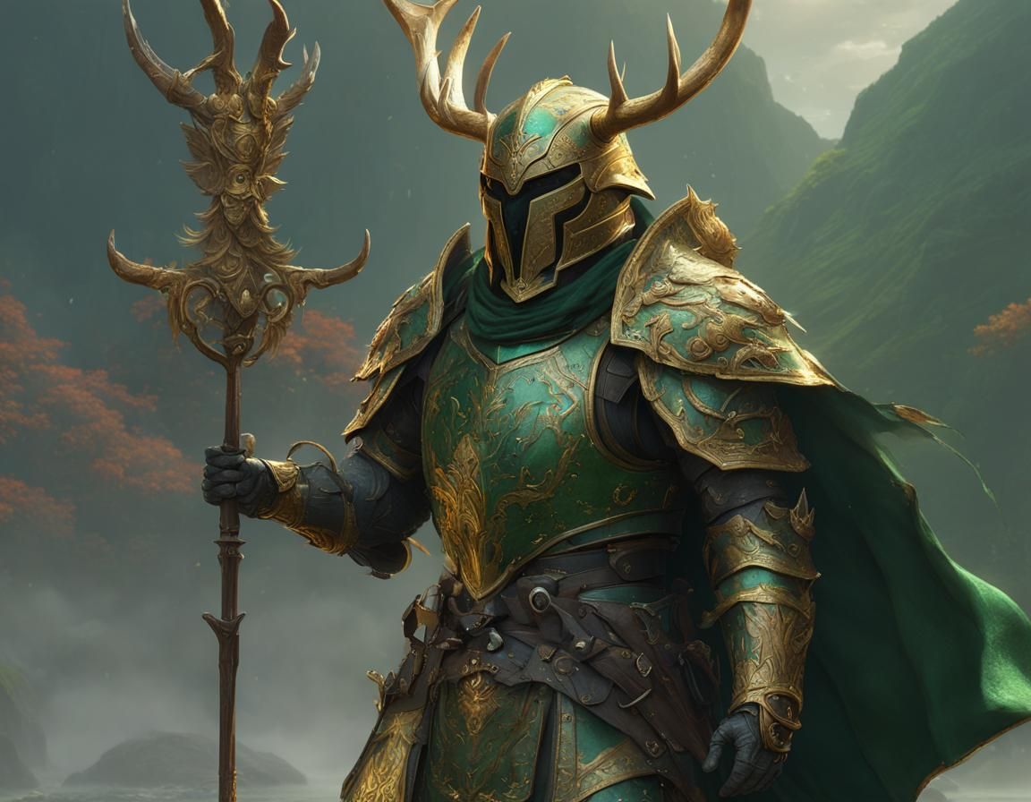 Fantasy Warrior in Ornate Green and Gold Armor