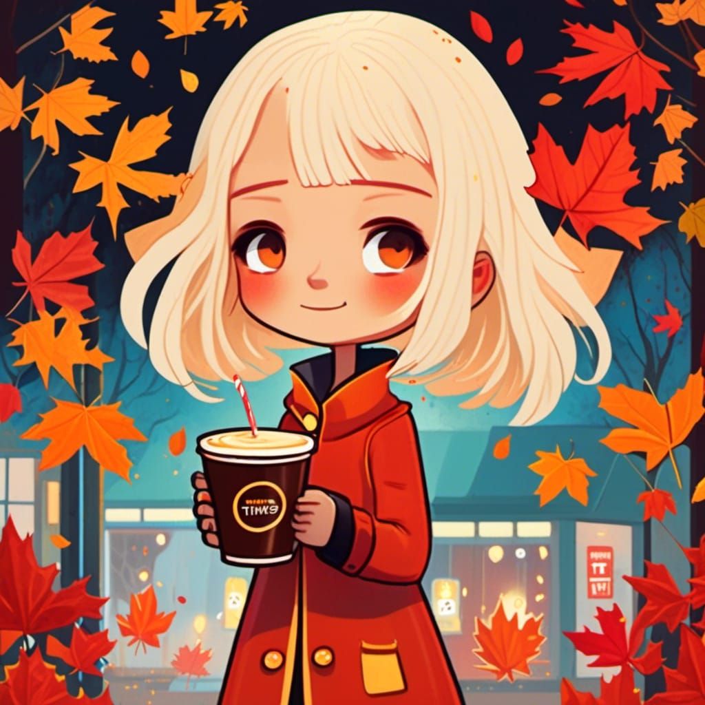 Chibi Girl with Coffee in Autumn: Kawaii Digital Art