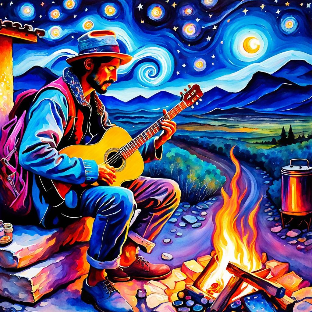 Homeless Guitarist: Stylized Watercolour Masterpiece
