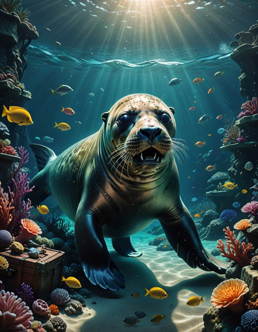 Gigantic Tusked Seal Guards Sunken Treasure, Digital Art