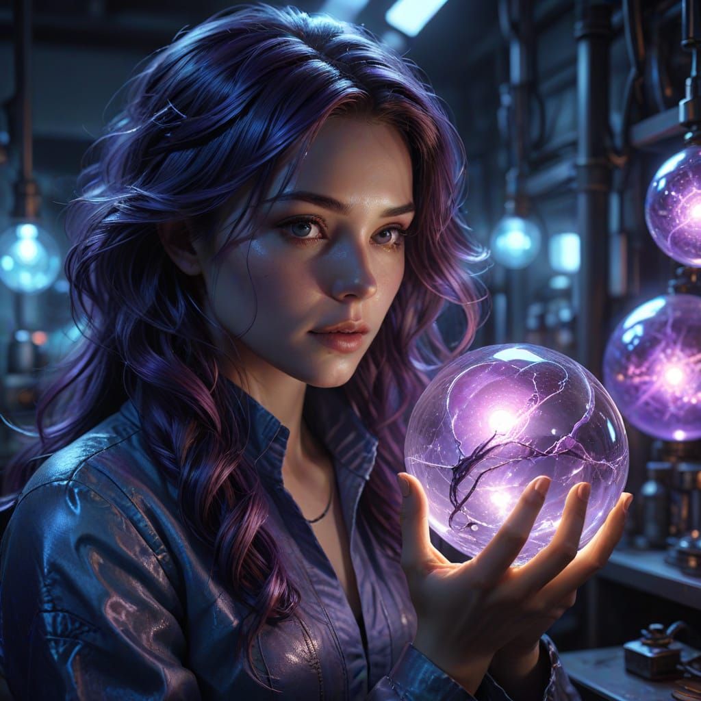 Woman Scientist Examining Glowing Orb in Sci-Fi Lab