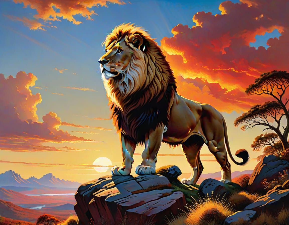 Lion Silhouetted Against Sunset in Oil Painting Style