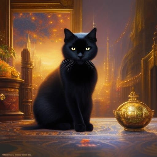 Black Cat on Golden Treasure, Hyperrealistic Fantasy Art