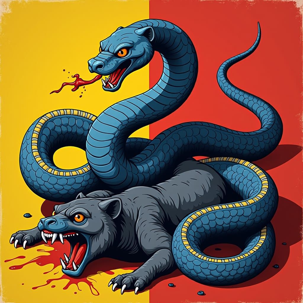 Fiery Serpent Consumes Bear in Pop Art Style