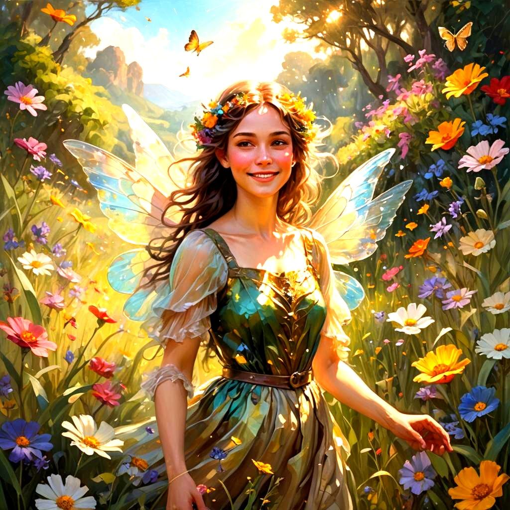 Fairy Girl Flying in a Lush Oil Painting