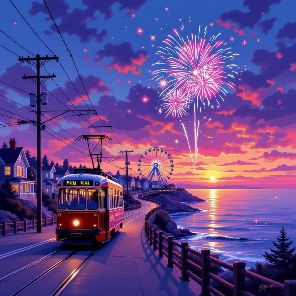 Maine Coastal Streetcar at Sunset with Fireworks