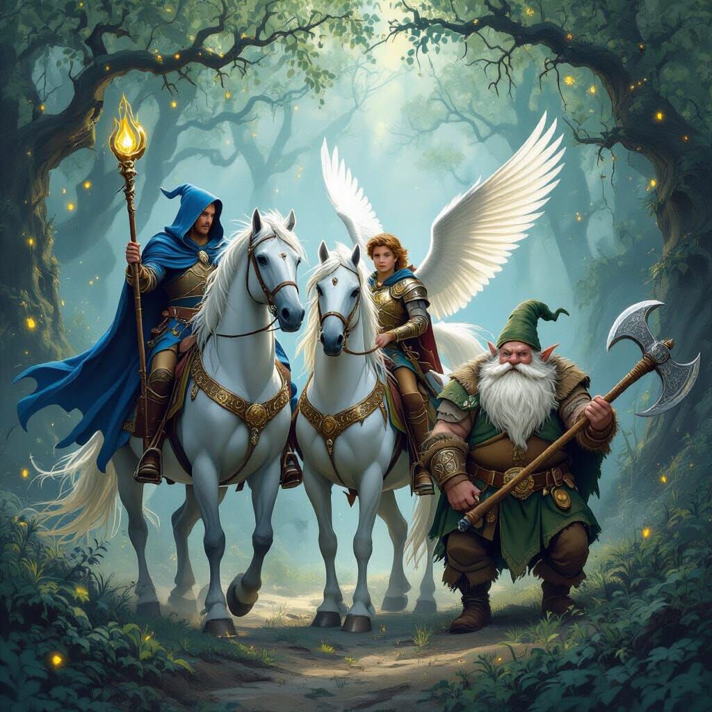 Fantasy Forest Scene: Wizard, Knight, and Dwarf on Horses
