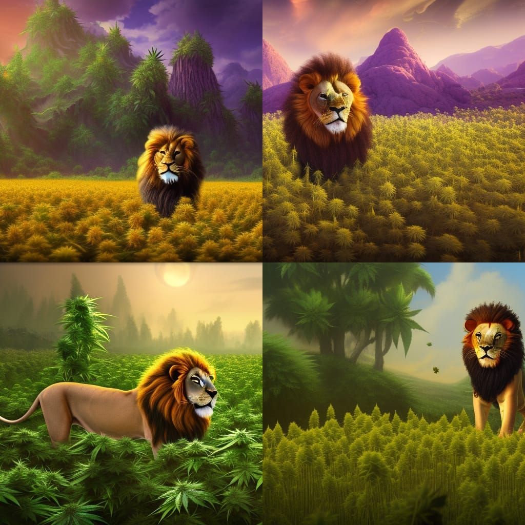 Lion in Cannabis Field: Detailed Matte Painting