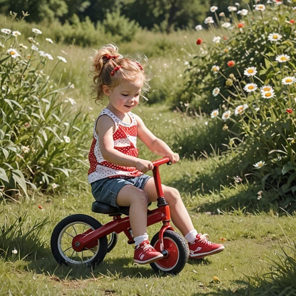 Girl with Kitten on Red Trike in Meadow
