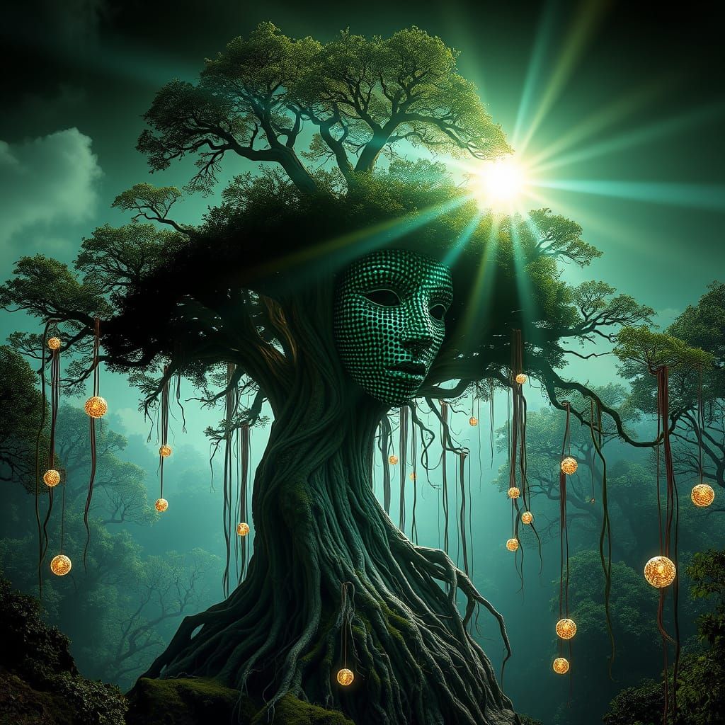 Surreal Ghibli Sculpture in Misty Forest