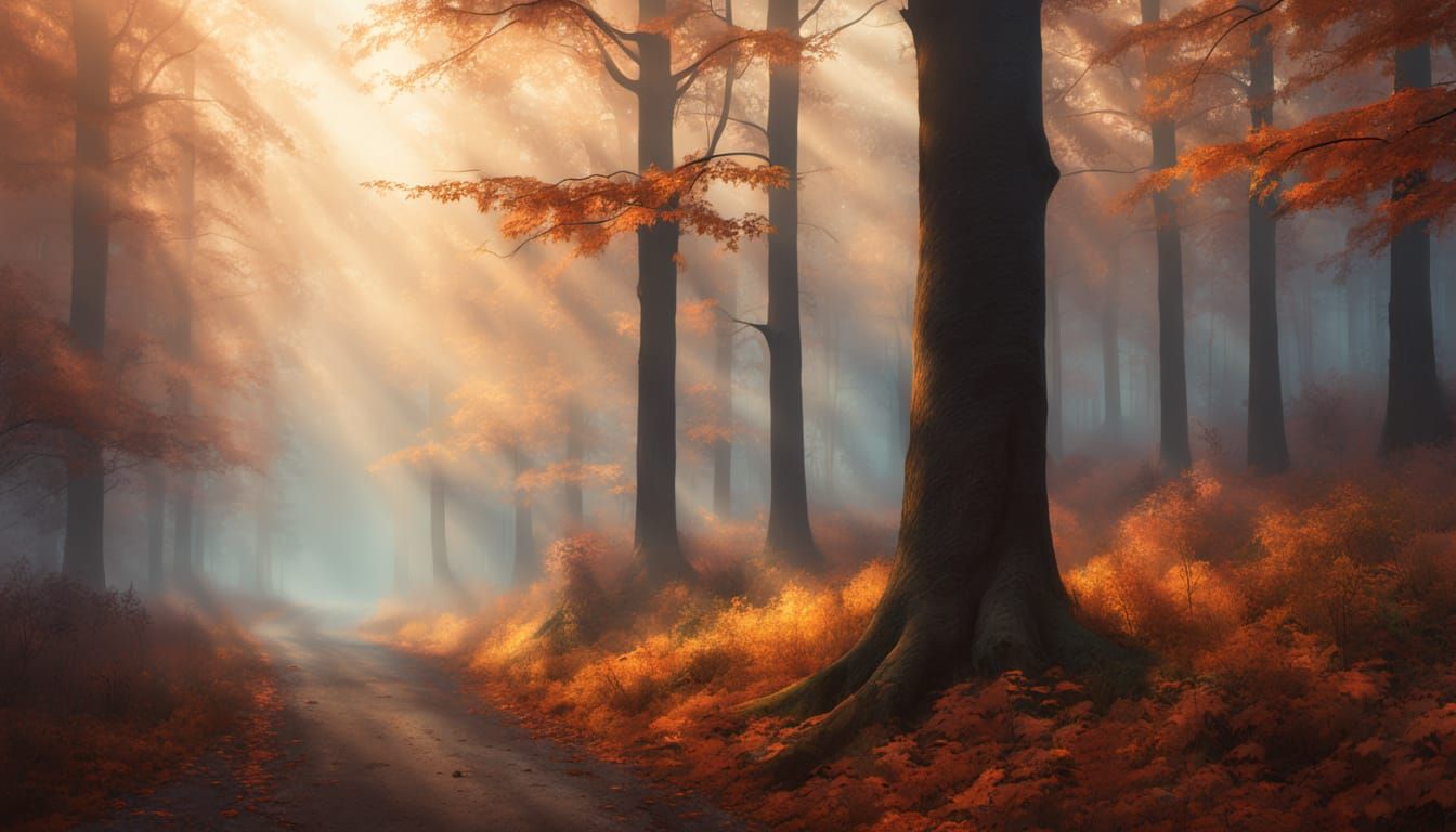 Surreal Autumn Forestscape in Thick Fog