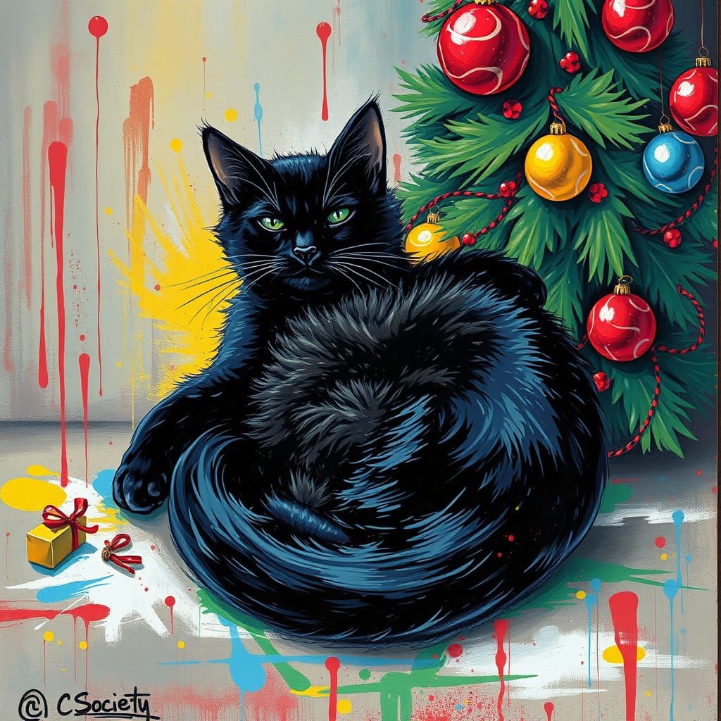 Cute Black Cat Surrounded by Vibrant Christmas Tree in Graff...
