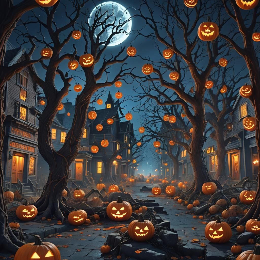 Zombies Shambling Through Haunted Town on Halloween