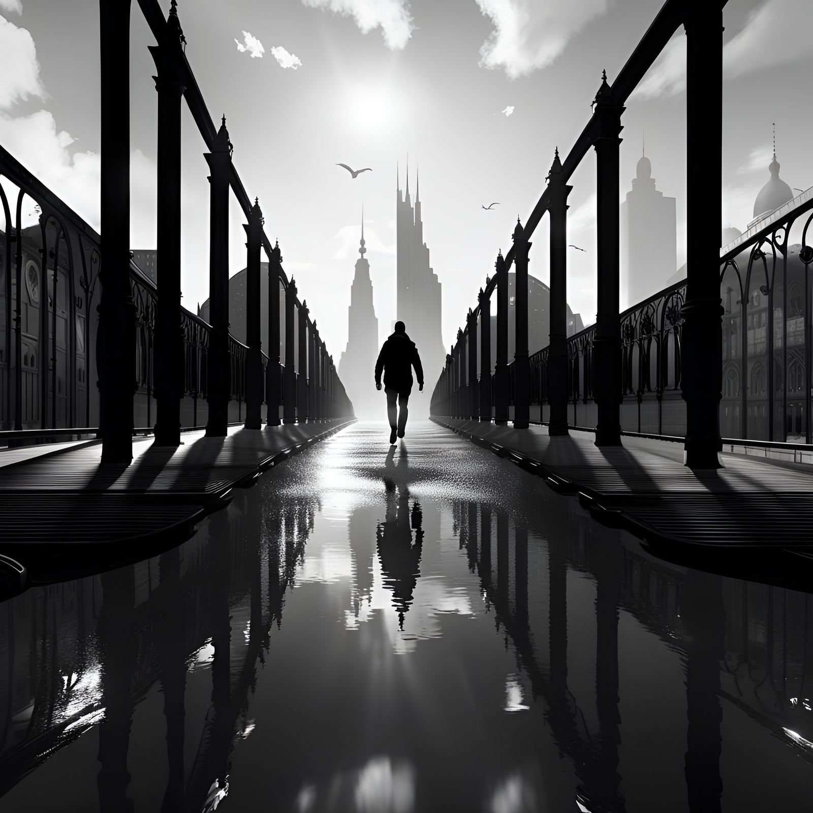 Twilight Silhouette: Bridge Walk in Black and White