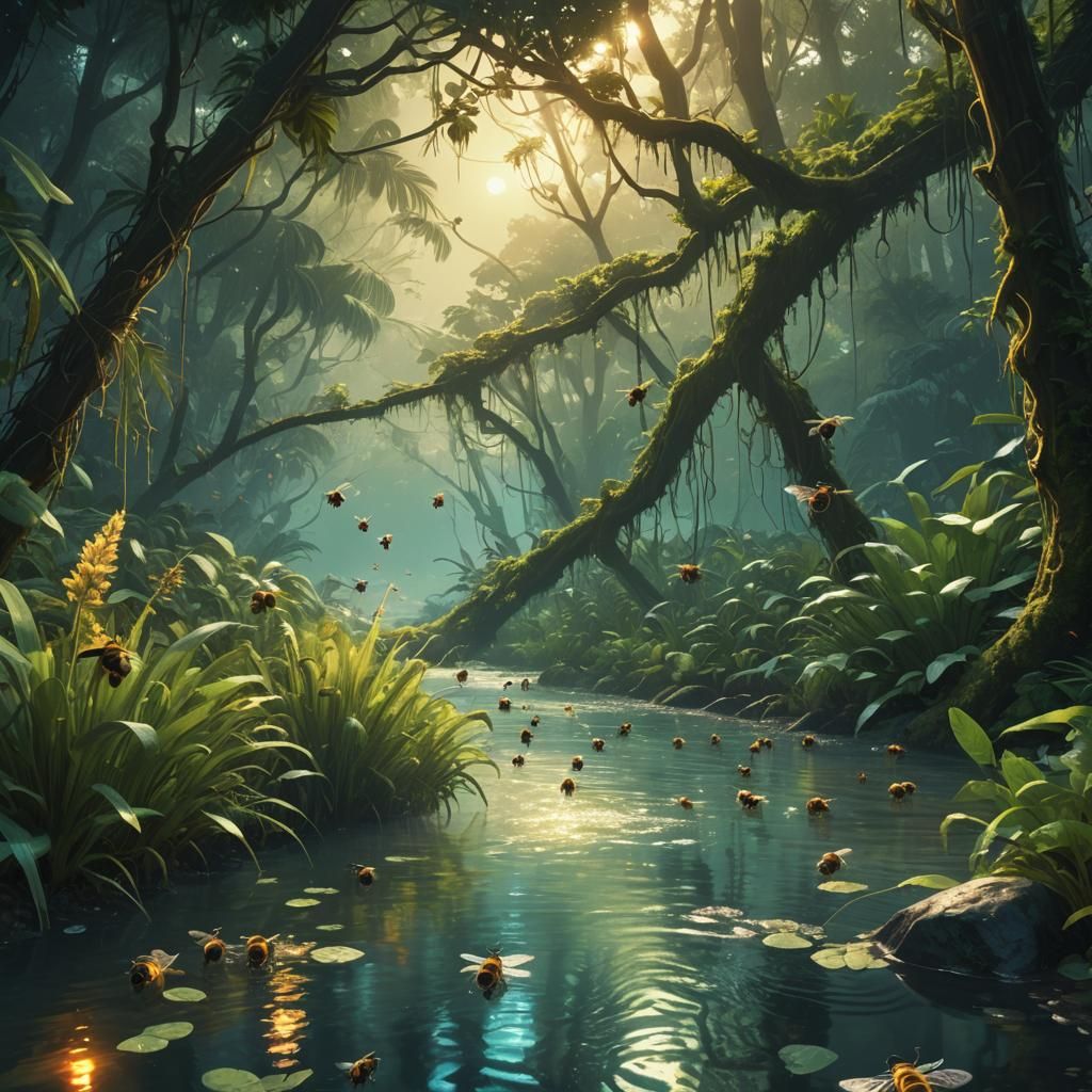 Honey Bees Journey Through Iridescent River