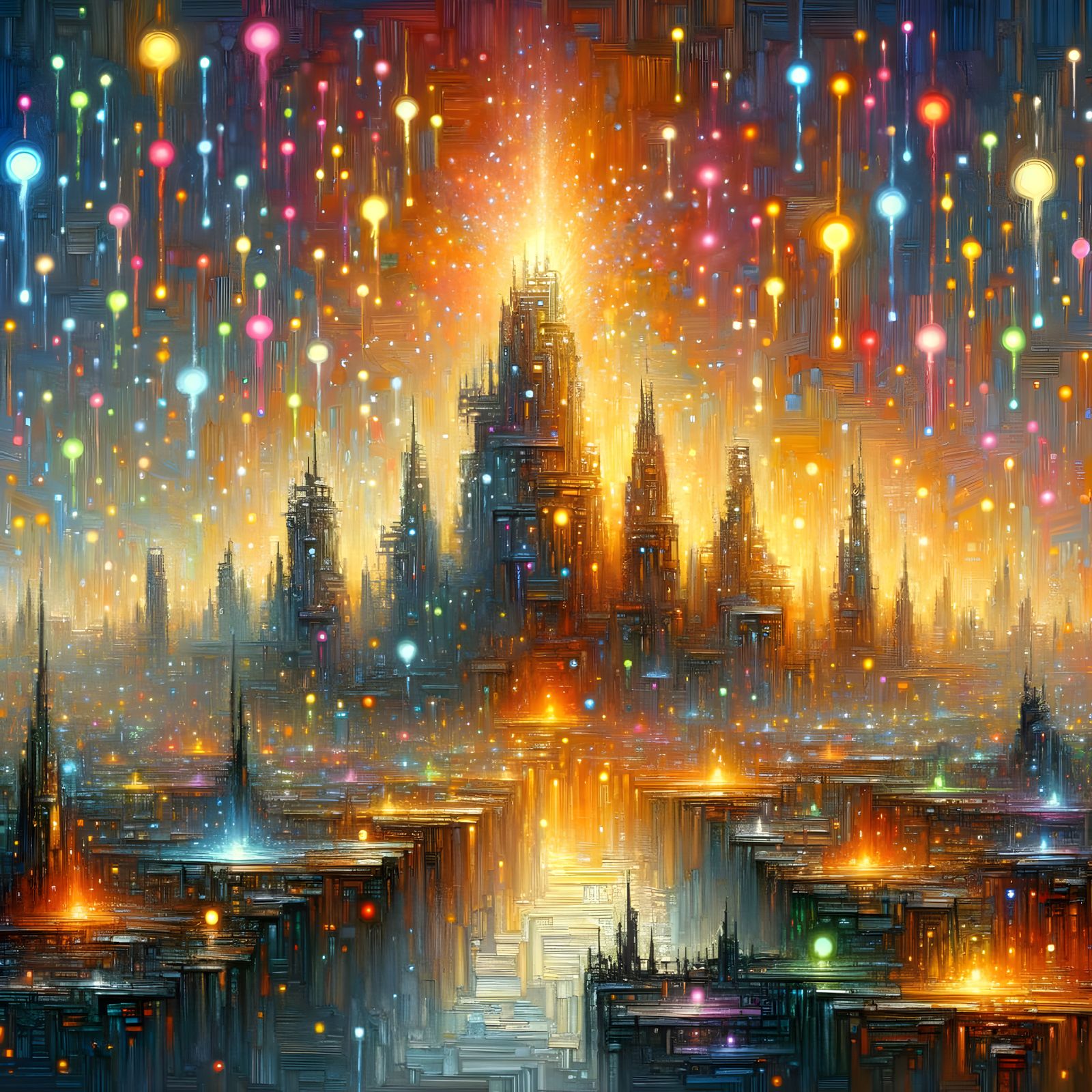 Bioluminescent Raindrops Light Neo-Impressionist Cityscape