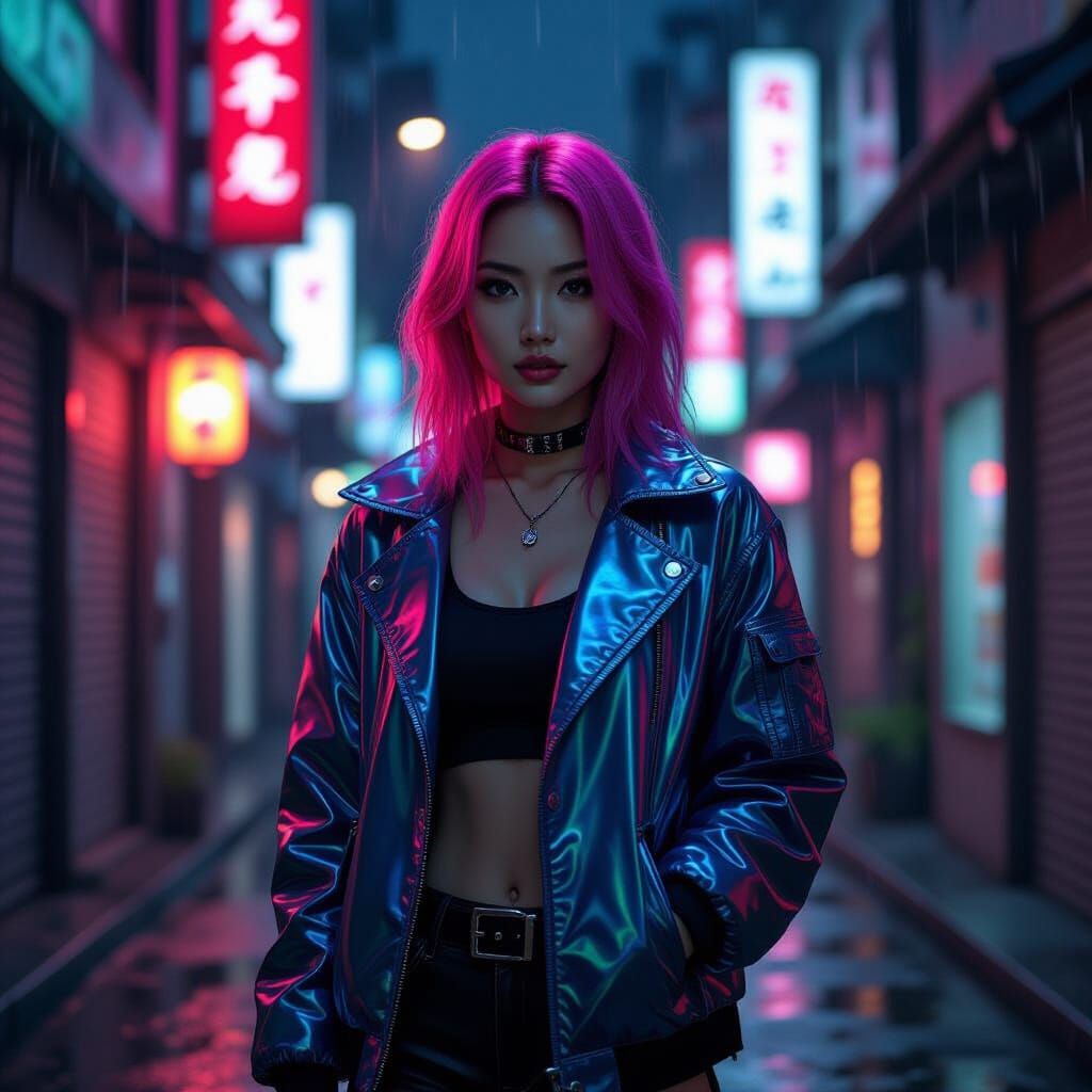 Cyberpunk Woman in Rainy Tokyo Alleyway