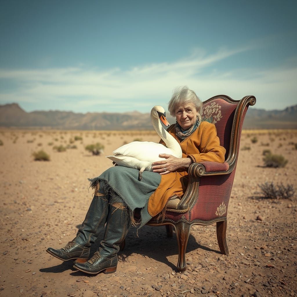 Desert Artist with Swan: A Portrait of Sadness
