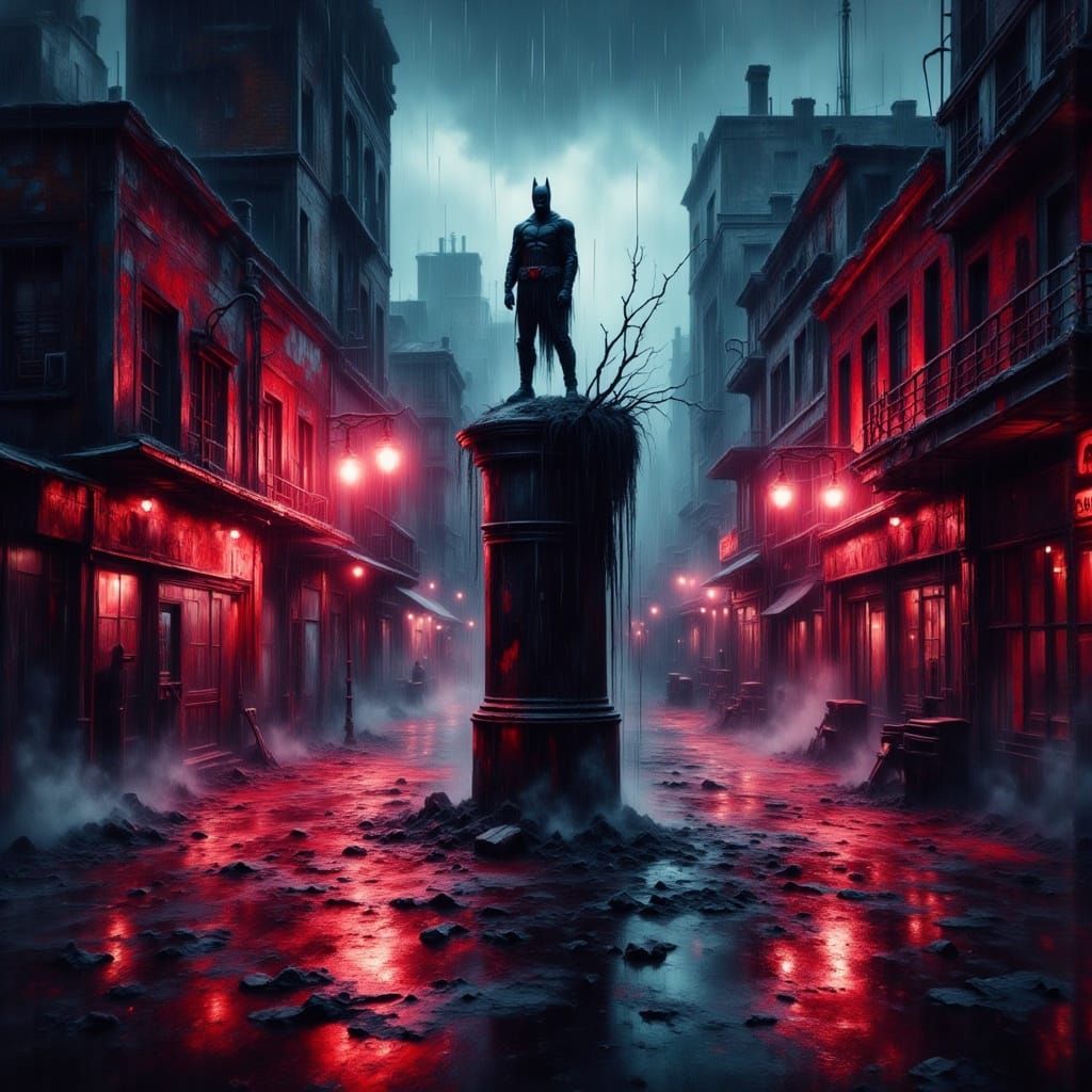 Batman in Gritty Cyberpunk Cityscape at Dusk