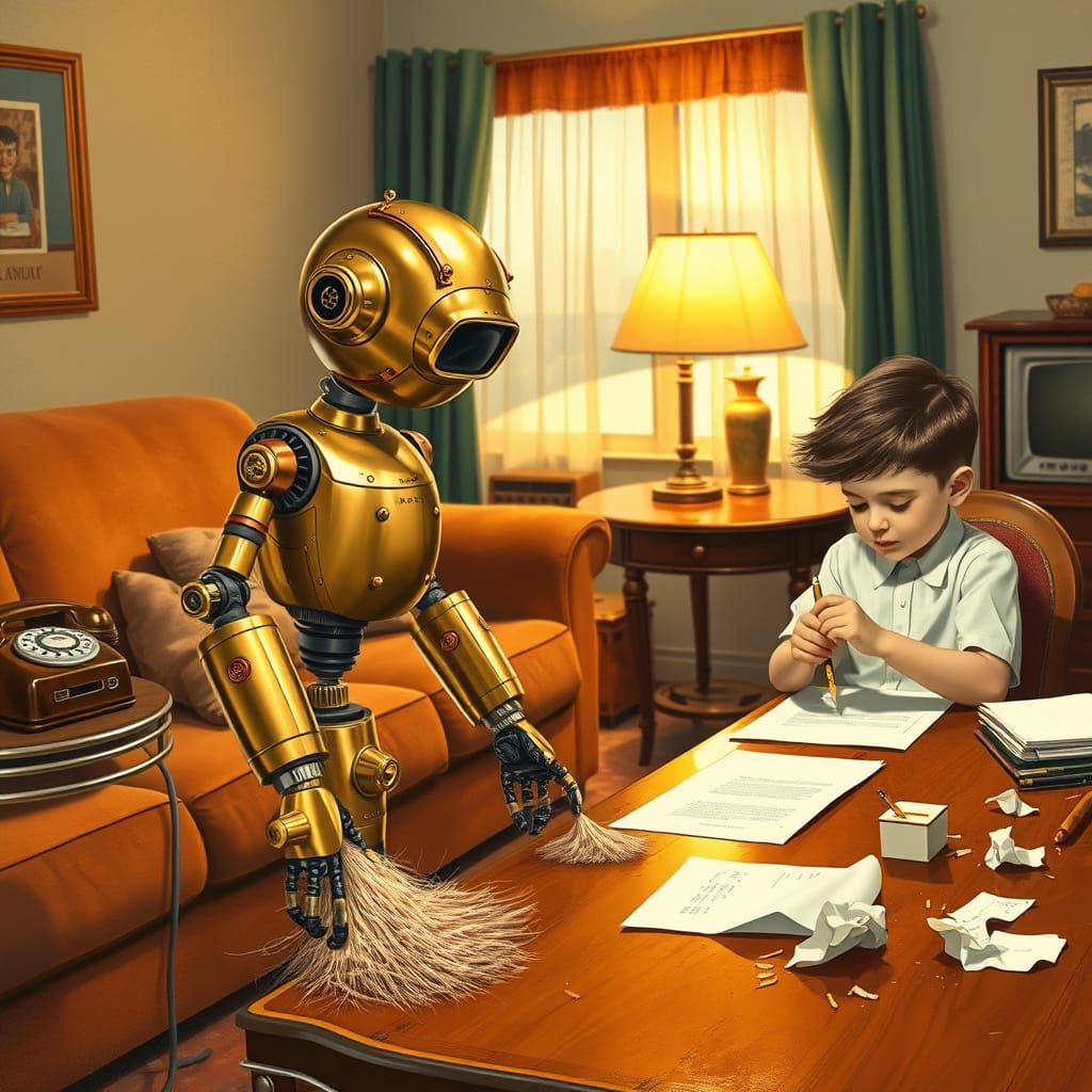 Retro-Futuristic Robot Dusts 1950s Lounge Room in a Whimsica...