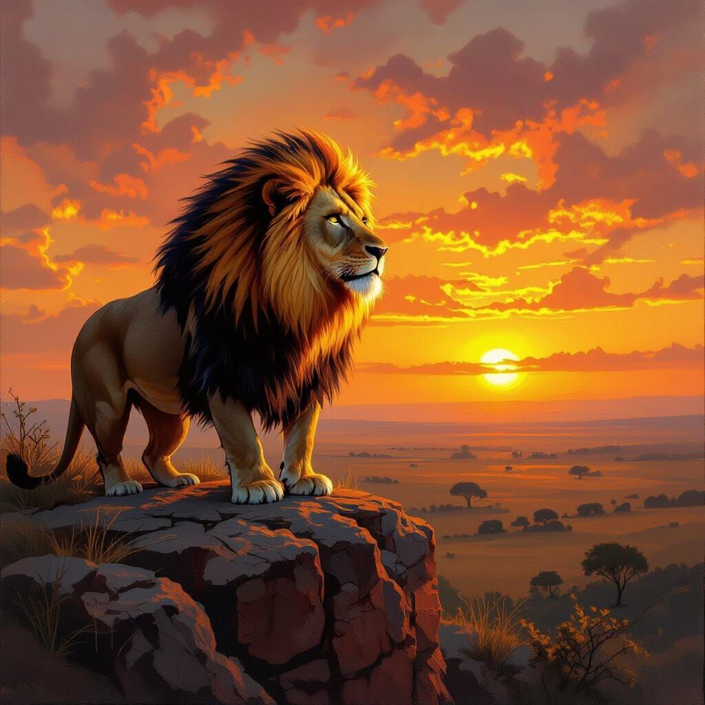 Lion with Flaming Mane Overlooking Savanna