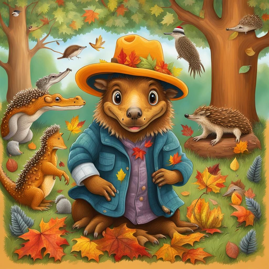 Autumn Scene with Hatted Alligator and Forest Animals