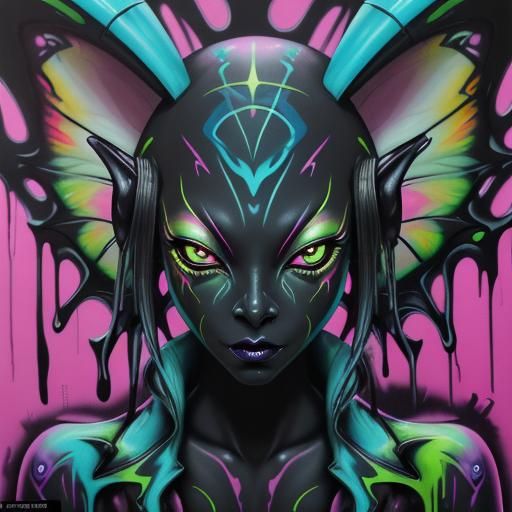 Trickster Faerie with Mantis Eyes in Graffiti Style