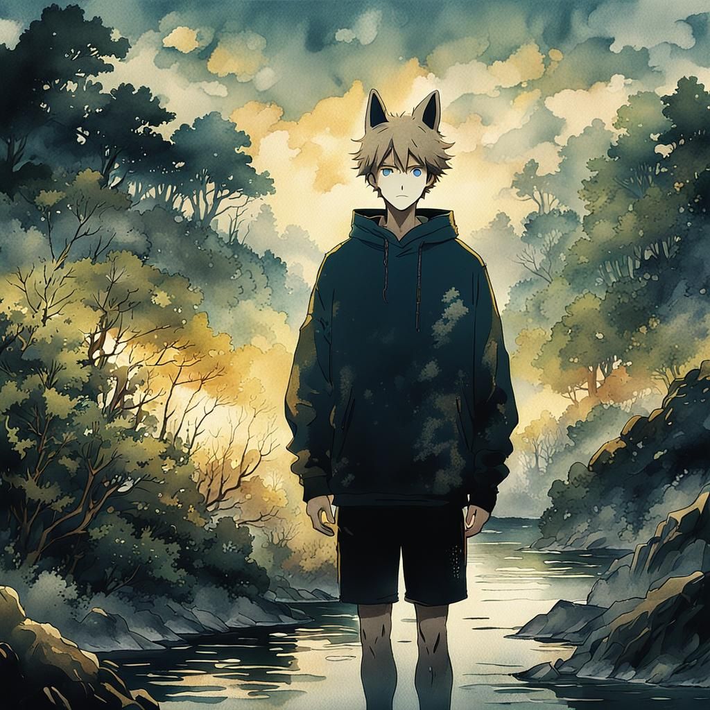 Surreal Anime Boy Embraces Serenity in Idyllic Nature