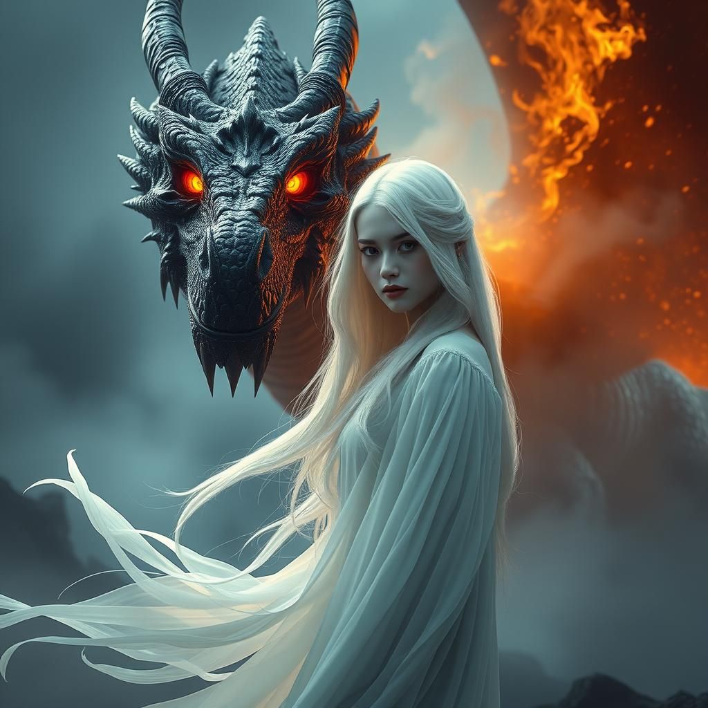 Girl and Dragon in Dark Fantasy Realm